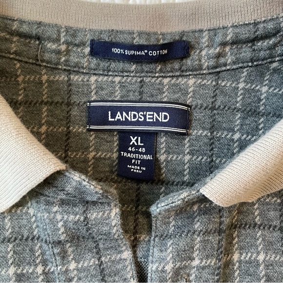 LANDS' END Men's Long Sleeve Supima Cotton Polo Shirt, size XL 46-48, Grey Check - Picture 3 of 5